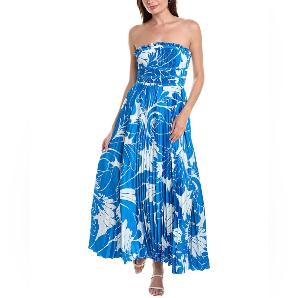 Elegant Blue Floral Strapless Dress